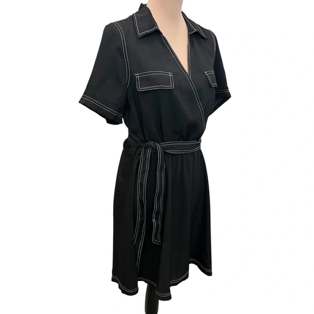 Vince Camuto Belted Faux Wrap Shirt Dress Contrast Stitch Black White M NWT